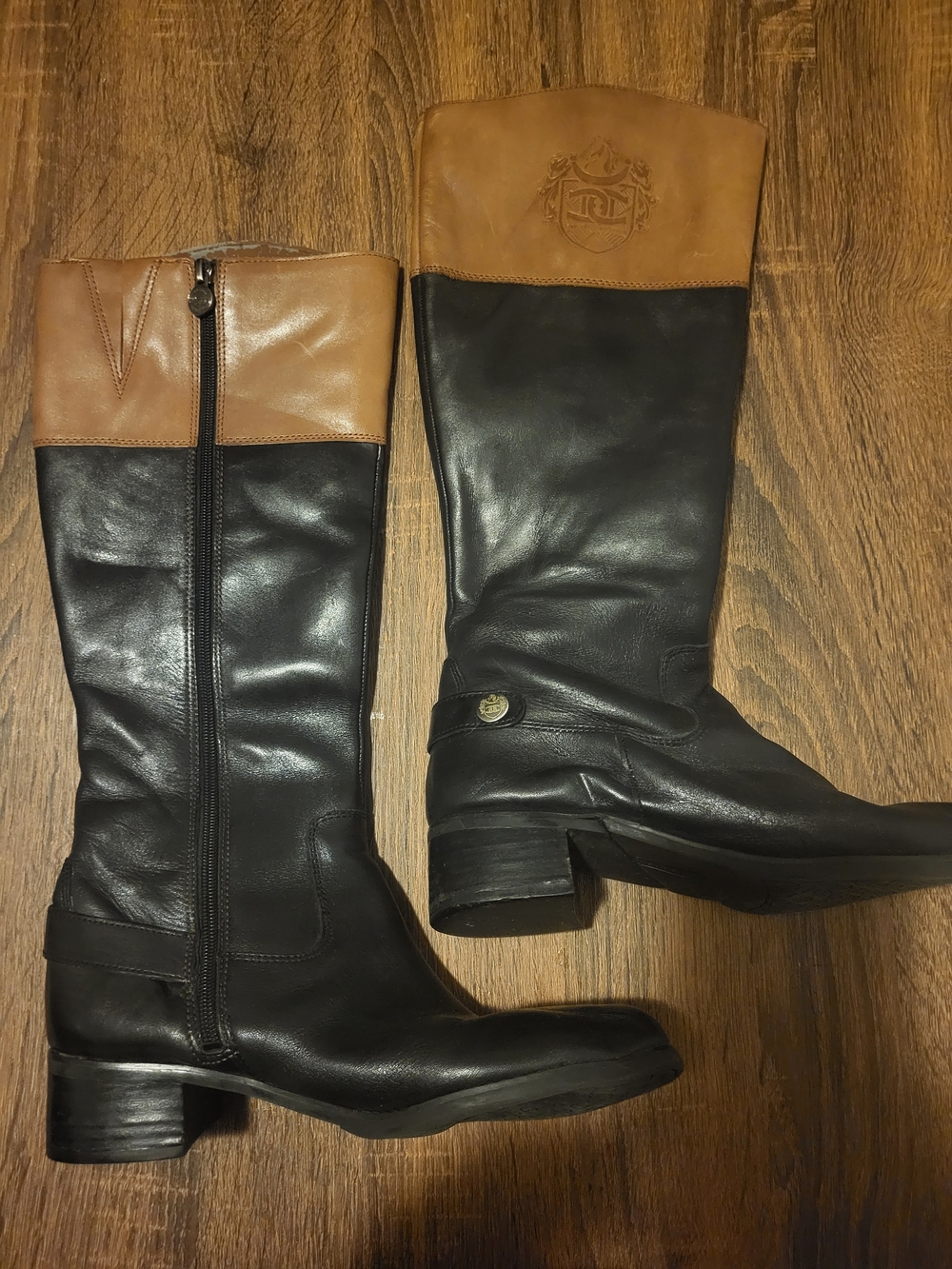 Etienne Aigner Two-Tone Black and Brown Over-the-Knee Leather Boots
